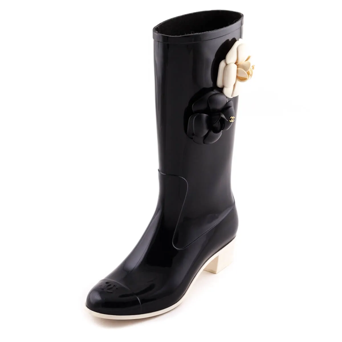 Chanel Black Rubber Camellia Rain Boots Size US 7 | EU 37