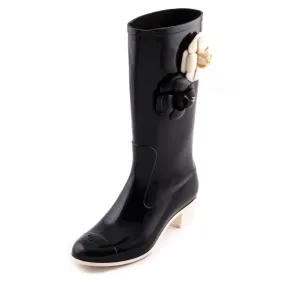 Chanel Black Rubber Camellia Rain Boots Size US 7 | EU 37