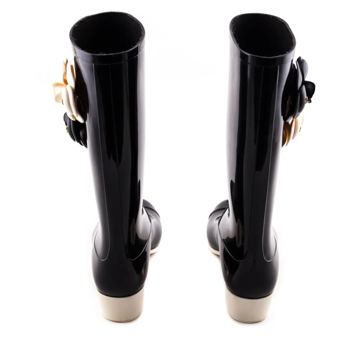 Chanel Black Rubber Camellia Rain Boots Size US 7 | EU 37