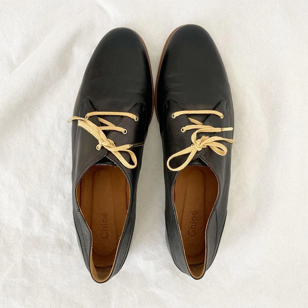Chloé Black Leather Lace up Oxford, 40.5