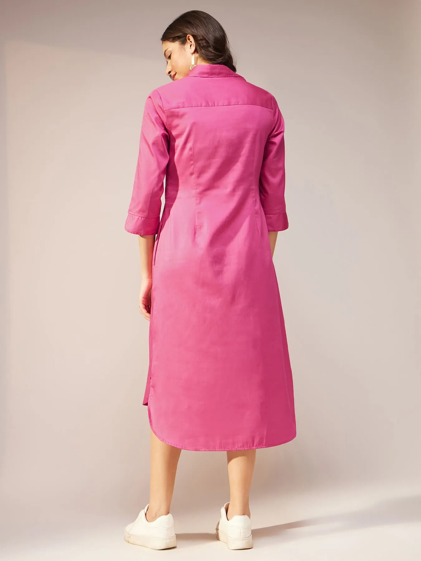 Cotton Satin Solid Shirt Dress - Pink