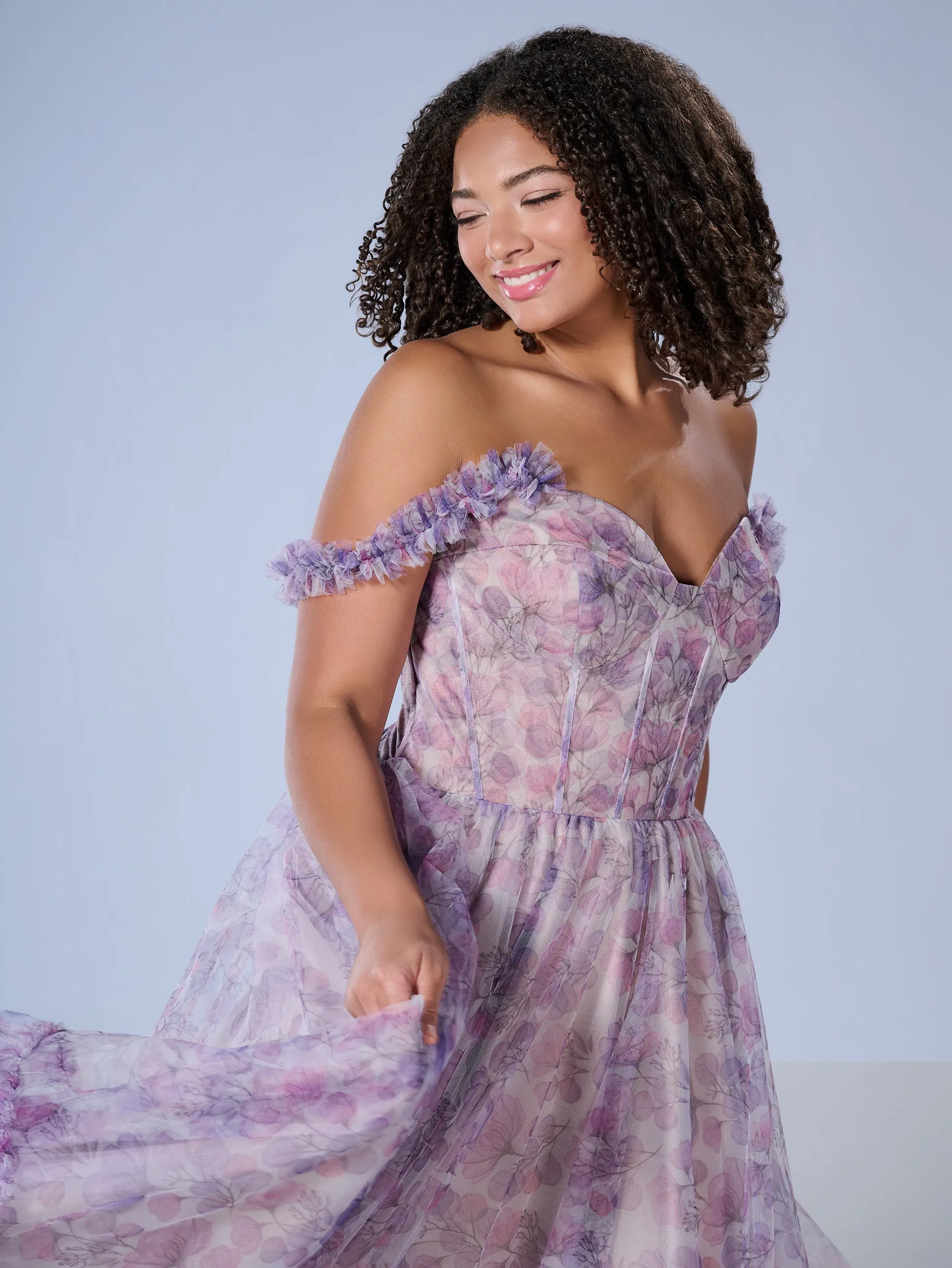 Curvy Floral Print Corset Gown by Tiffany Designs 16162