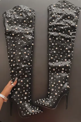 DEAL Oh That Look Is Baddd Black Thigh High Rhinestone Pearl Studded Boots