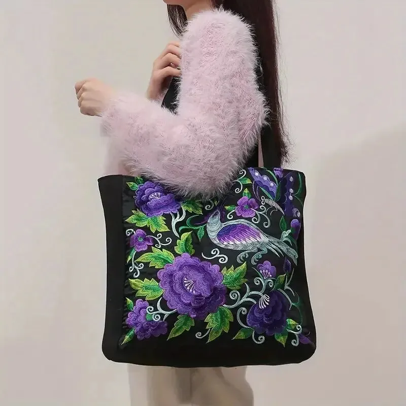 Elegant Flower Embroidery Canvas Tote Shoulder Bag Large Capacity Handbag For Women