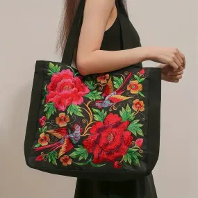 Elegant Flower Embroidery Canvas Tote Shoulder Bag Large Capacity Handbag For Women