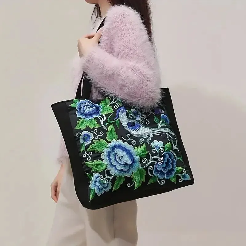 Elegant Flower Embroidery Canvas Tote Shoulder Bag Large Capacity Handbag For Women