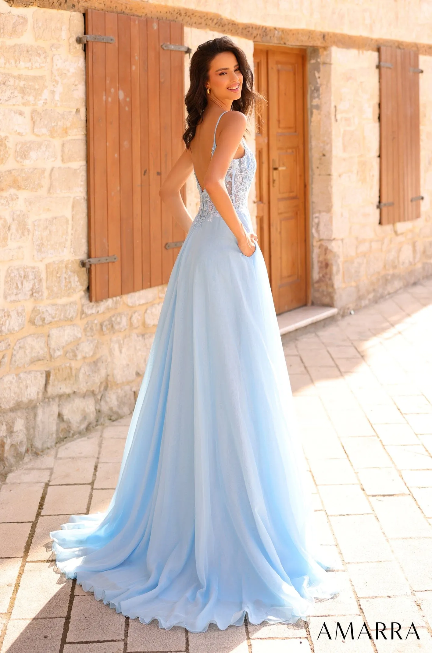 Embroidered Lace Sleeveless A-line Slit Gown by Amarra 88834