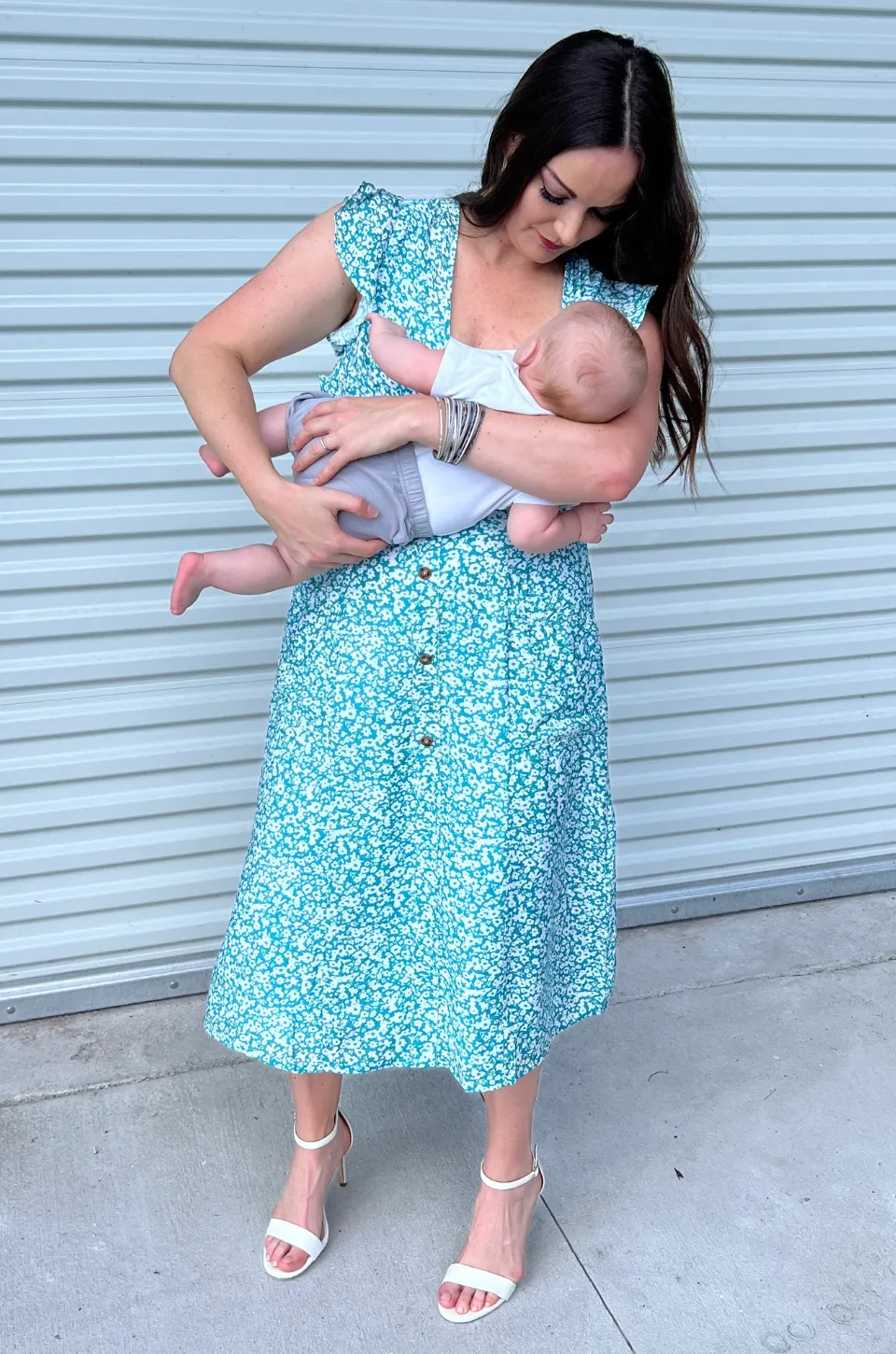 Faux Wrap Button Down Midi Dress - Blue Floral