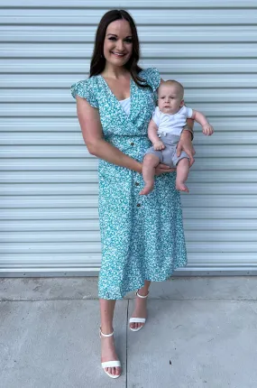 Faux Wrap Button Down Midi Dress - Blue Floral