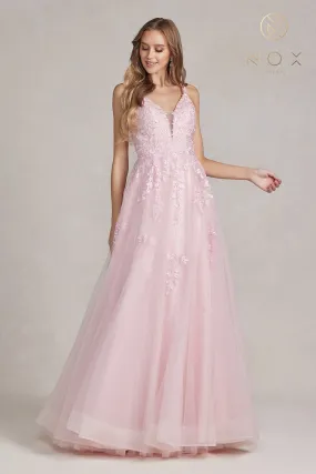 Lace Applique Tulle A-line Gown by Nox Anabel T1136