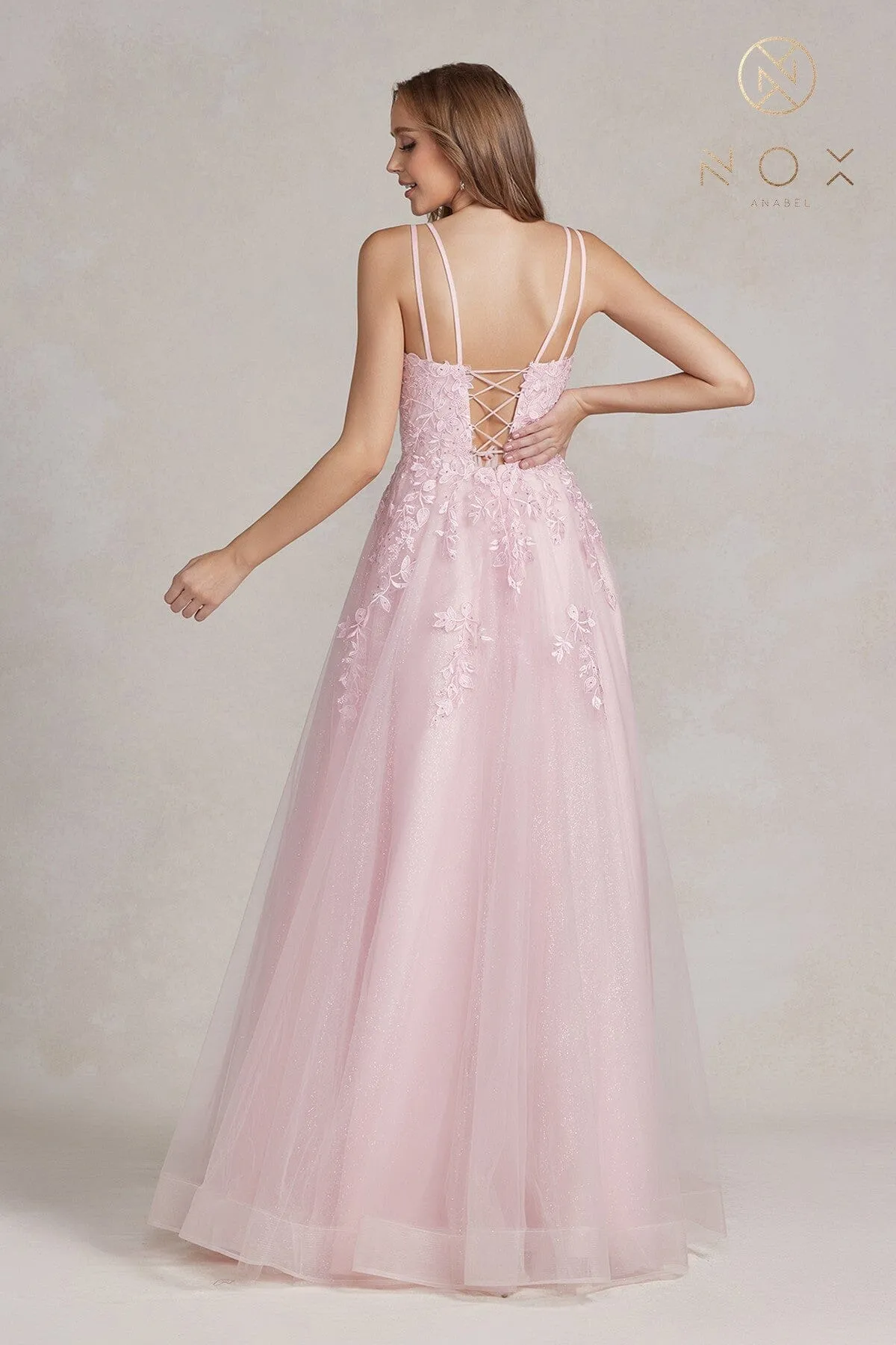 Lace Applique Tulle A-line Gown by Nox Anabel T1136