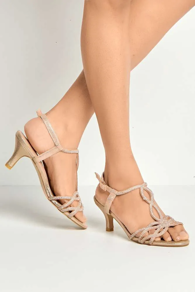 Lumina Low Heel Diamante Swirl Sandal in Rose Gold