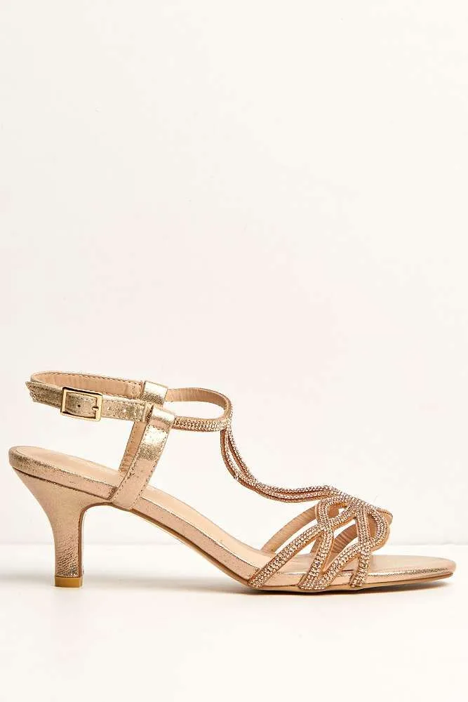 Lumina Low Heel Diamante Swirl Sandal in Rose Gold