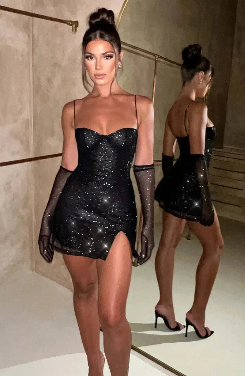 Lusira – Sparkling finish – Glitter mini dress with gloves