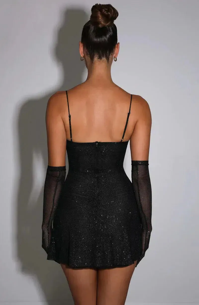 Lusira – Sparkling finish – Glitter mini dress with gloves