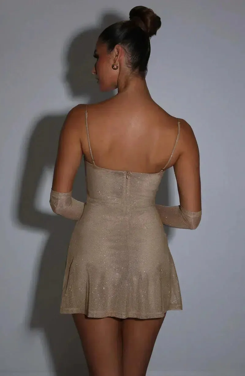 Lusira – Sparkling finish – Glitter mini dress with gloves