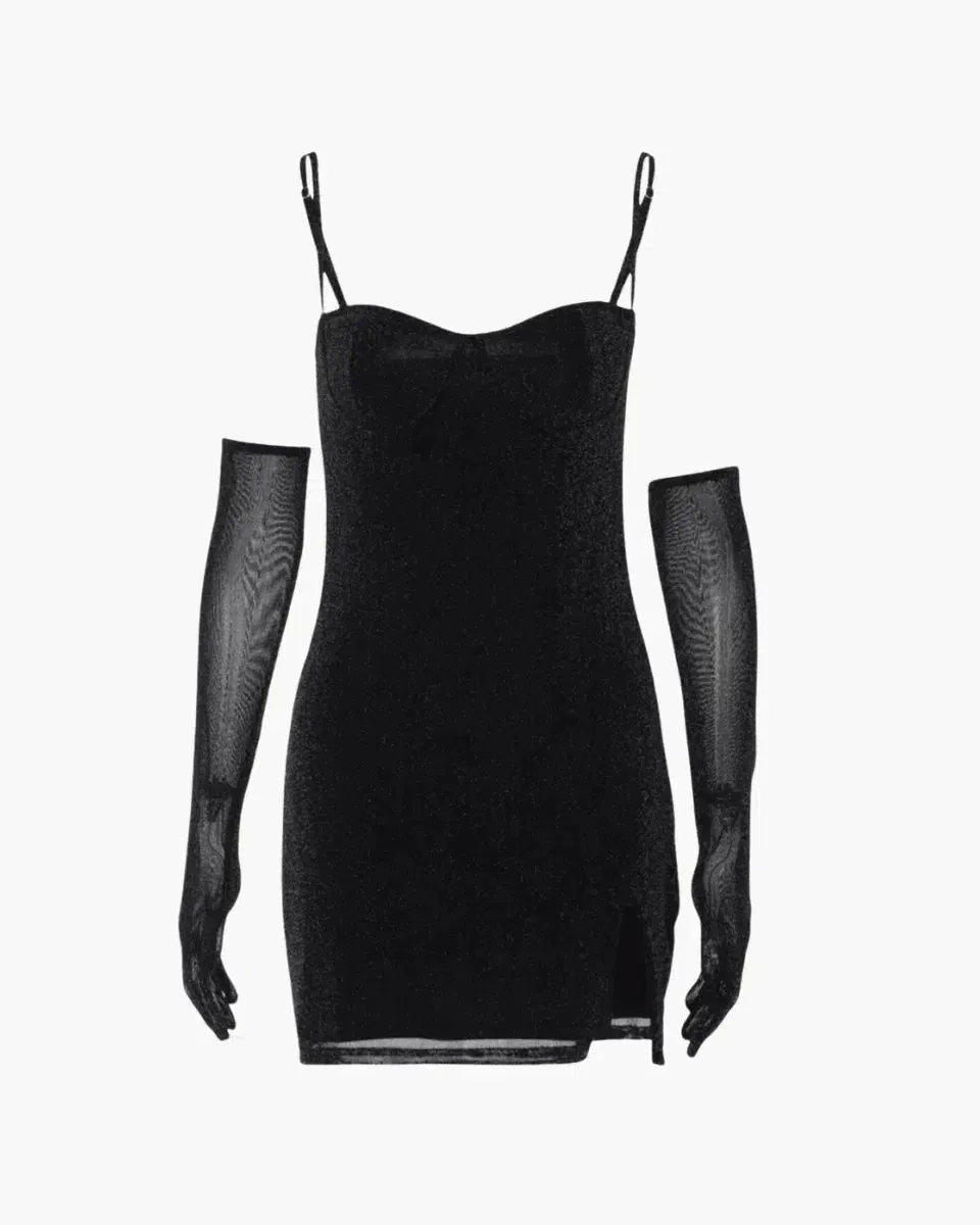 Lusira – Sparkling finish – Glitter mini dress with gloves