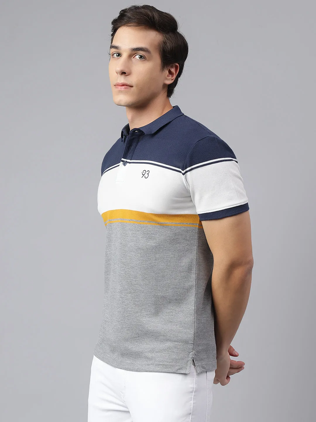 Men Grey Navy Regular Fit Color Blocked Polo Neck Casual T-Shirt