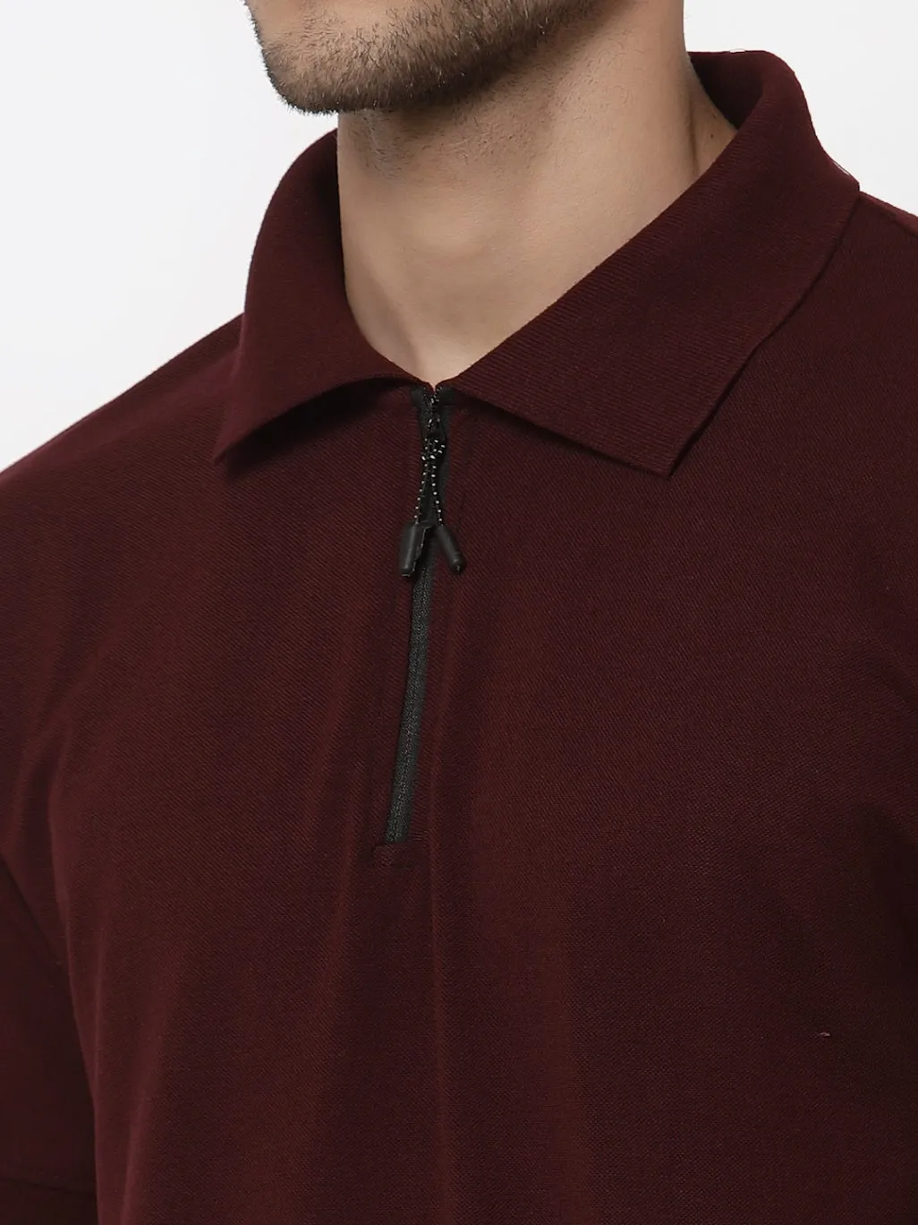 Men's Solid Cotton Regular Fit Zipper Polo T-Shirt