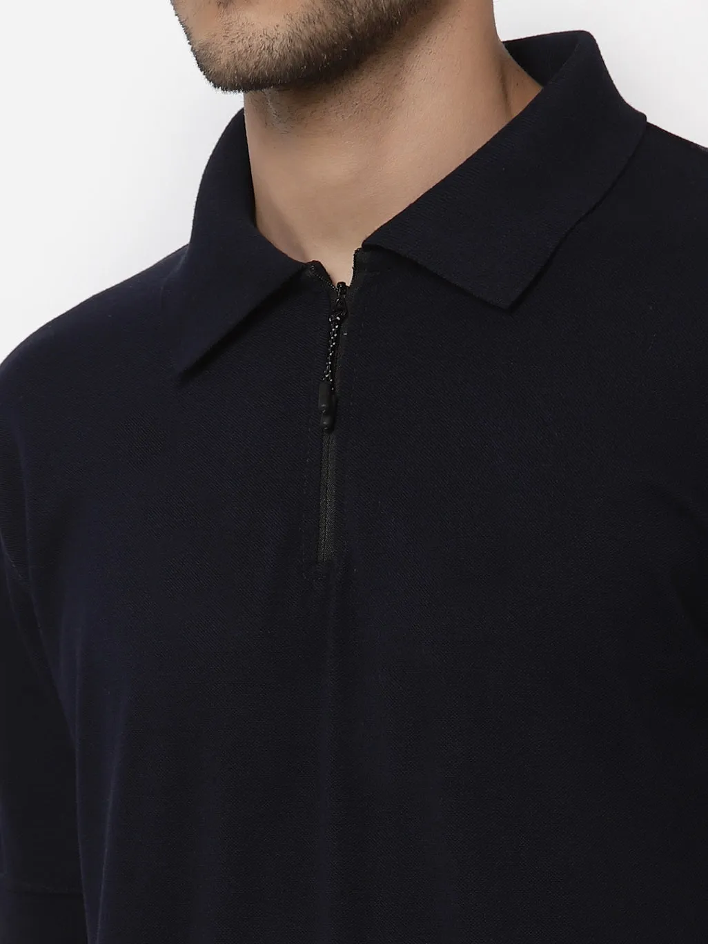 Men's Solid Cotton Regular Fit Zipper Polo T-Shirt