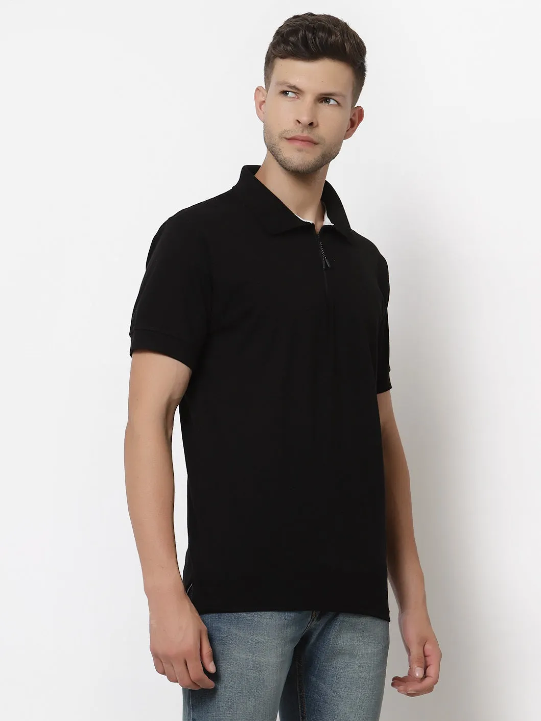 Men's Solid Cotton Regular Fit Zipper Polo T-Shirt