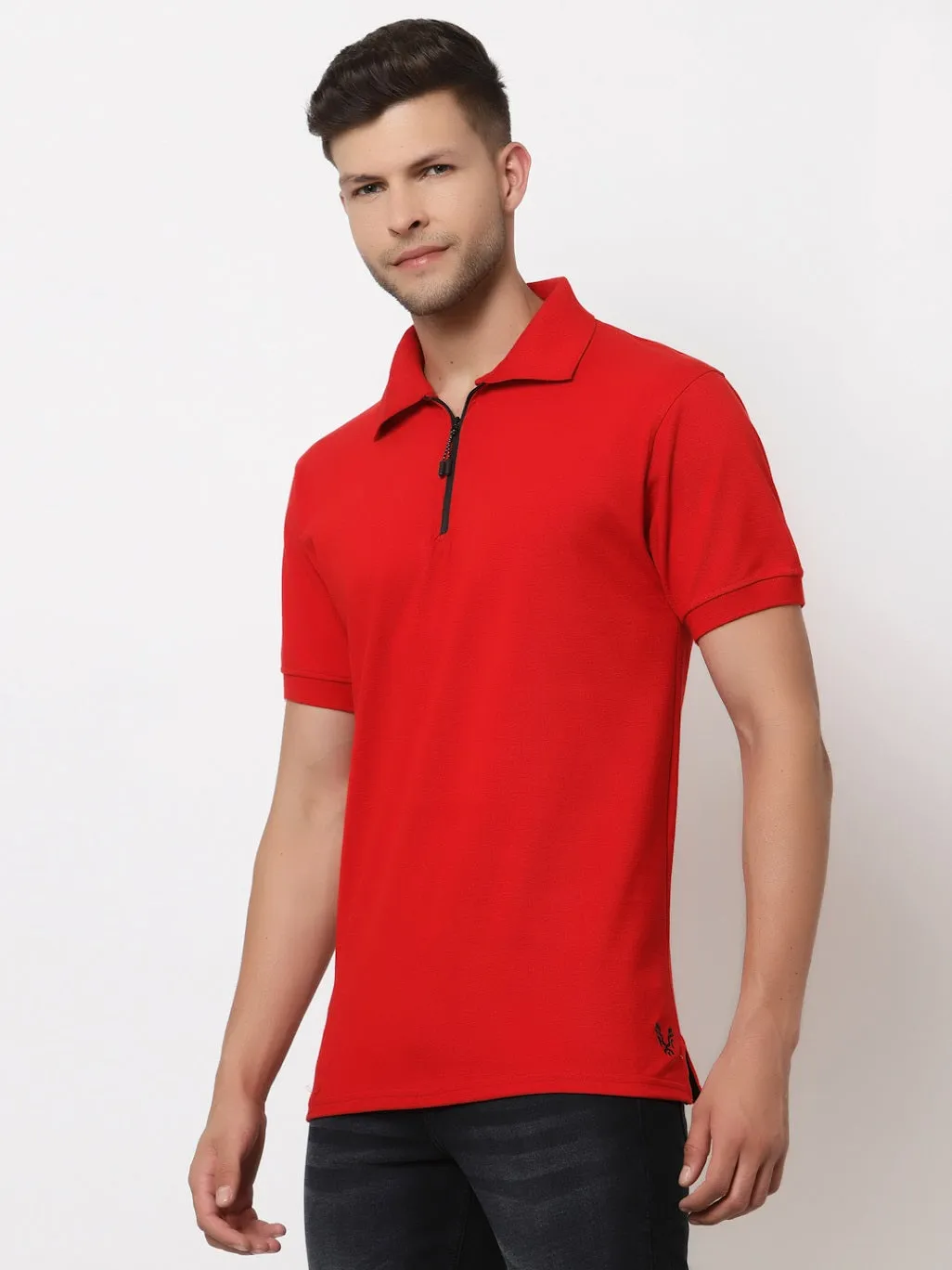 Men's Solid Cotton Regular Fit Zipper Polo T-Shirt
