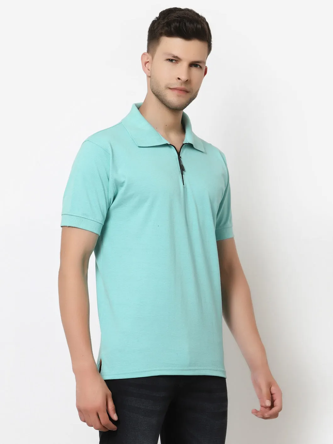Men's Solid Cotton Regular Fit Zipper Polo T-Shirt