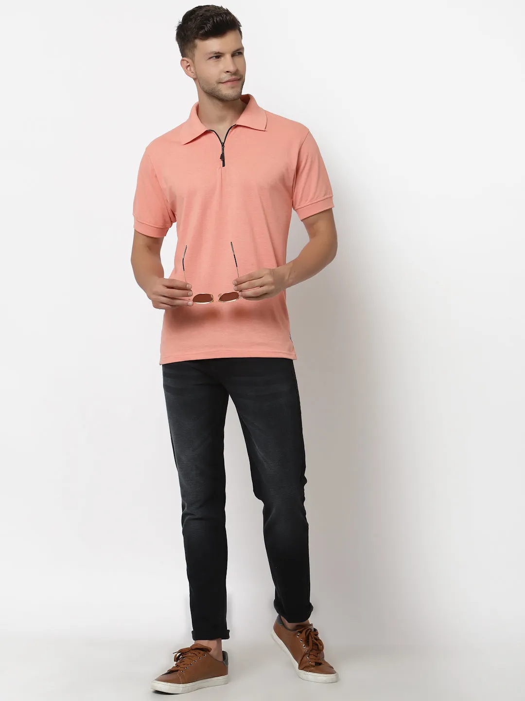 Men's Solid Cotton Regular Fit Zipper Polo T-Shirt