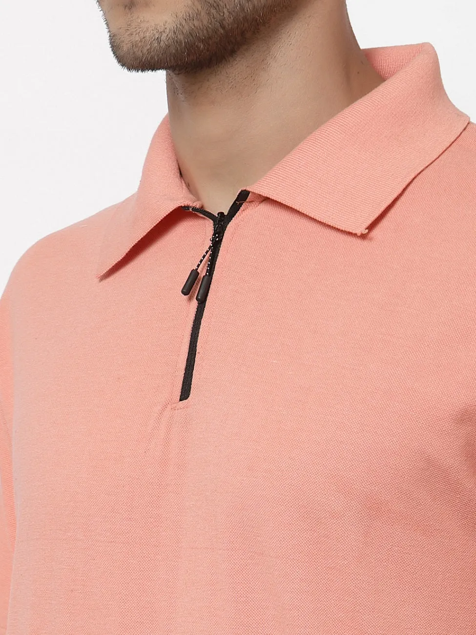 Men's Solid Cotton Regular Fit Zipper Polo T-Shirt