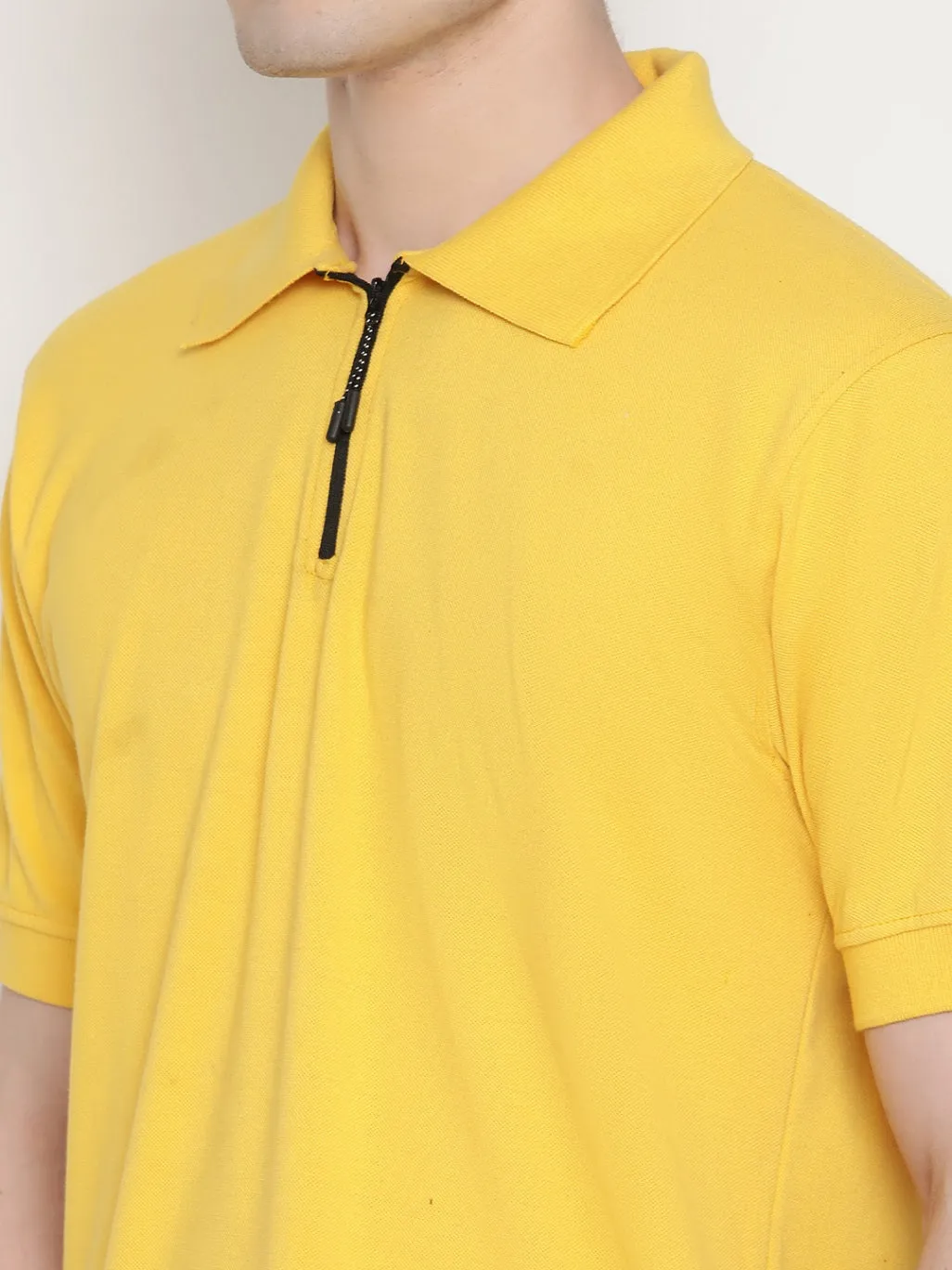Men's Solid Cotton Regular Fit Zipper Polo T-Shirt