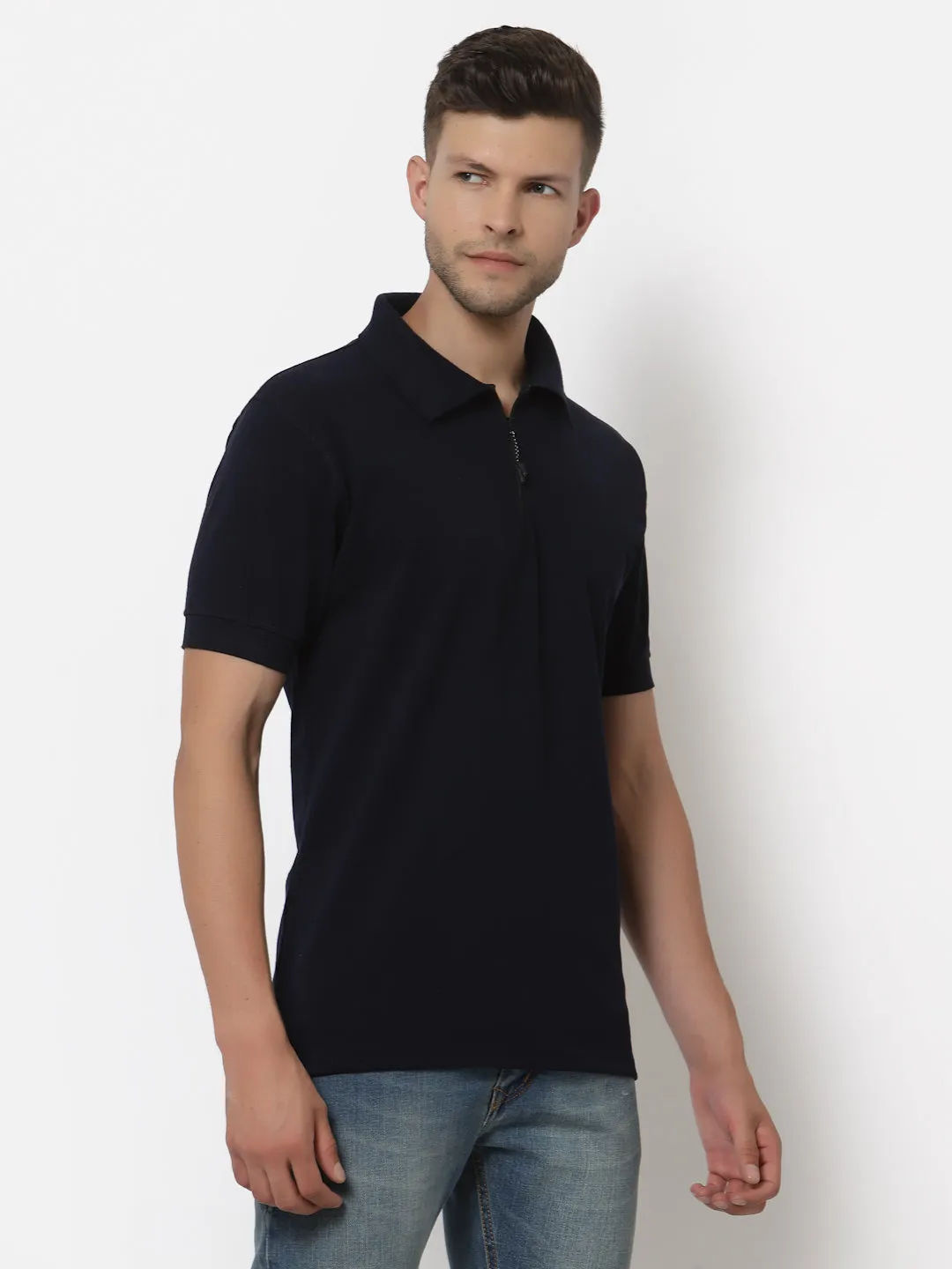 Men's Solid Cotton Regular Fit Zipper Polo T-Shirt