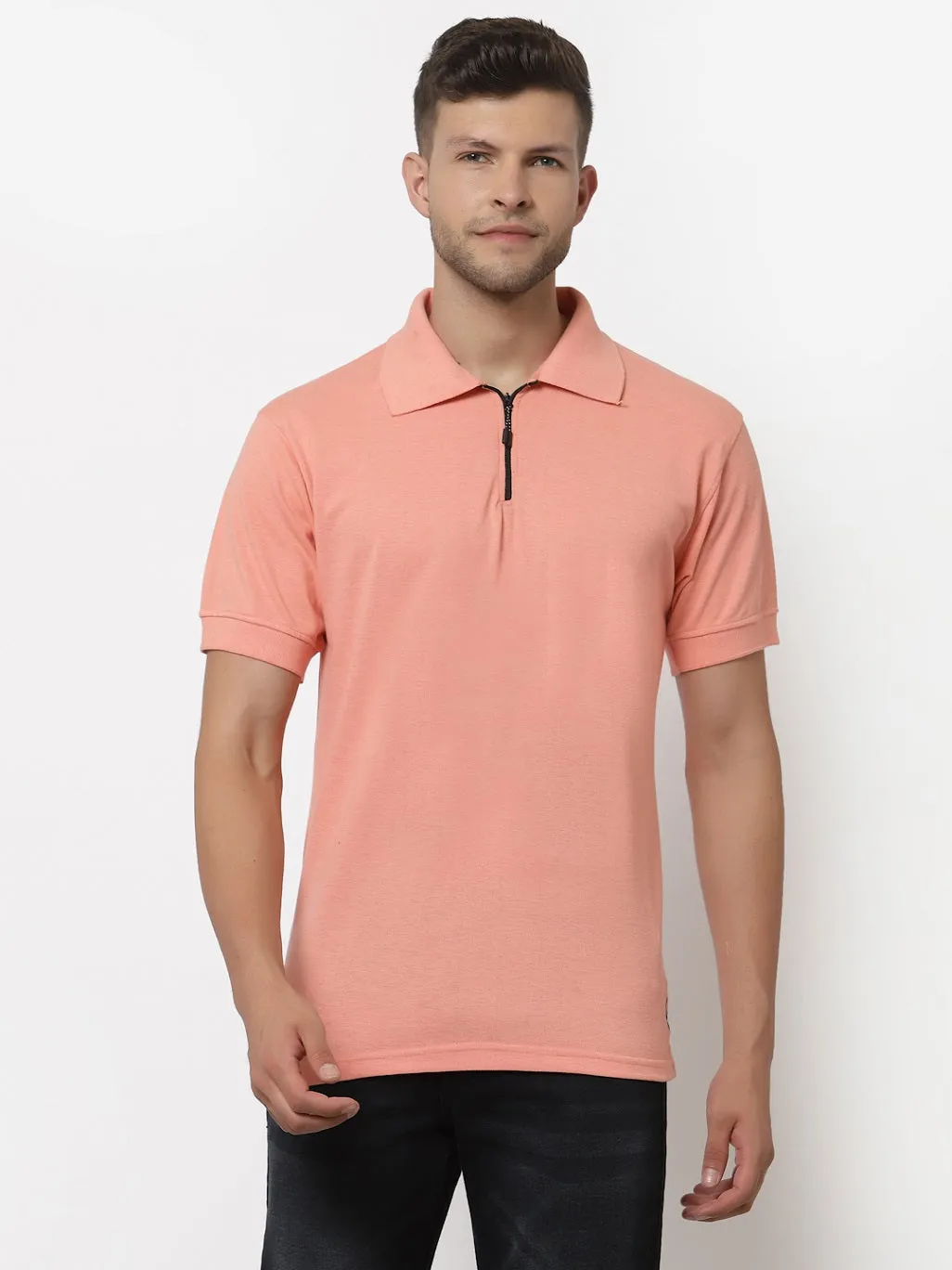 Men's Solid Cotton Regular Fit Zipper Polo T-Shirt