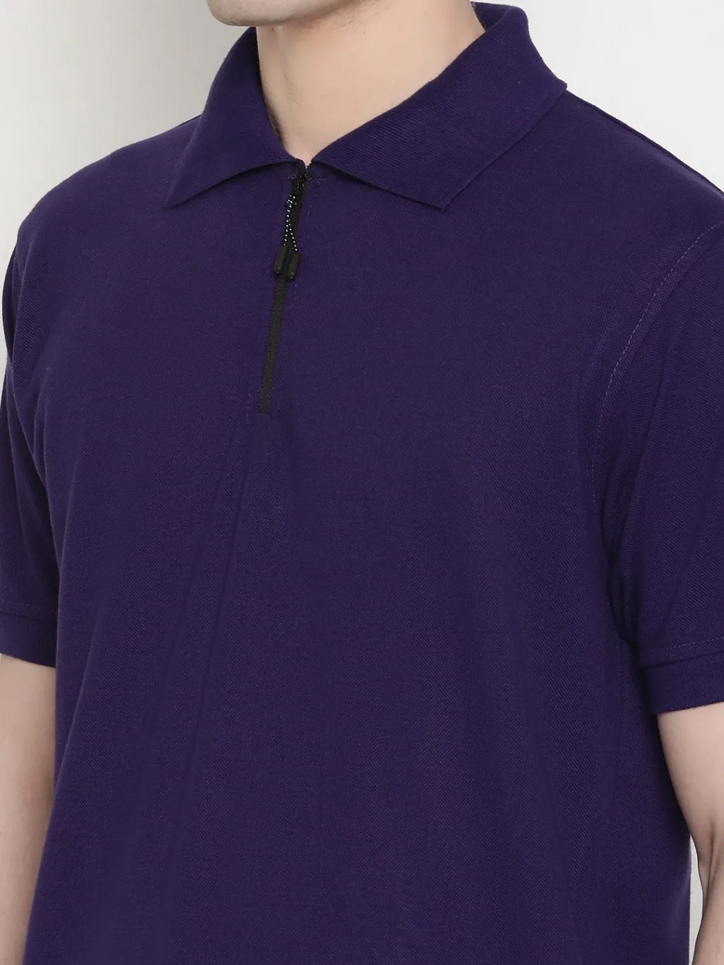 Men's Solid Cotton Regular Fit Zipper Polo T-Shirt