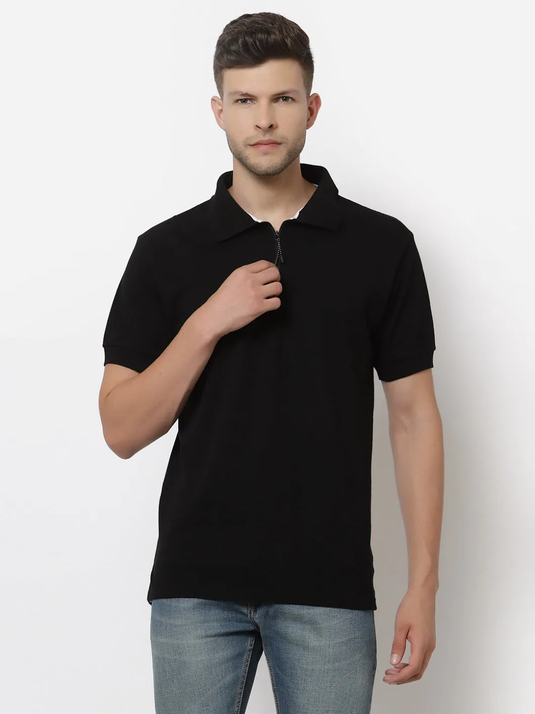 Men's Solid Cotton Regular Fit Zipper Polo T-Shirt