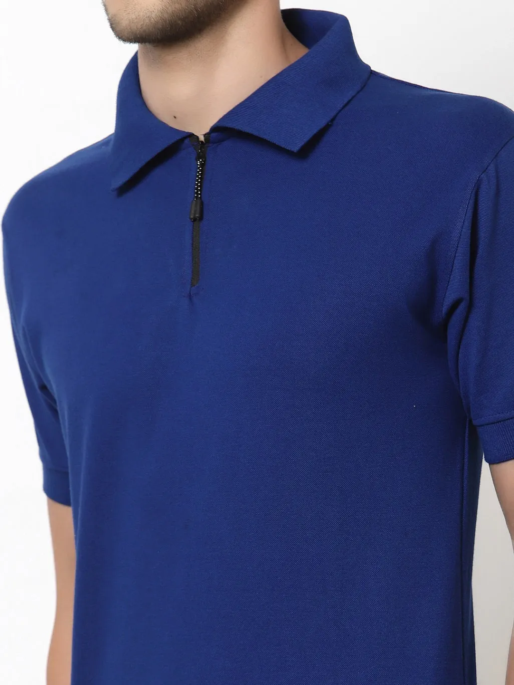 Men's Solid Cotton Regular Fit Zipper Polo T-Shirt