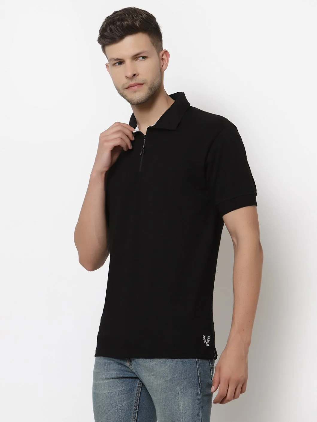 Men's Solid Cotton Regular Fit Zipper Polo T-Shirt