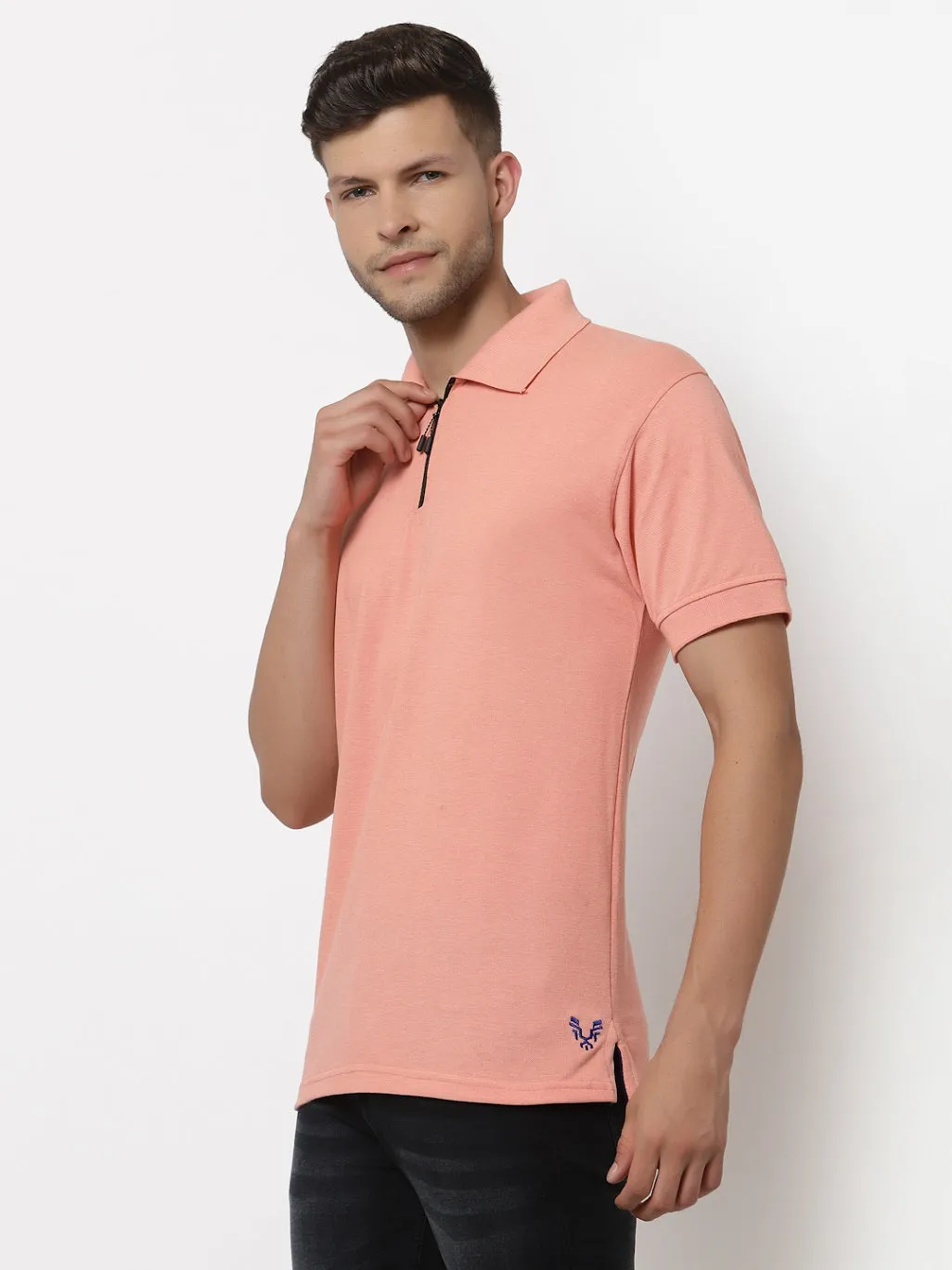 Men's Solid Cotton Regular Fit Zipper Polo T-Shirt