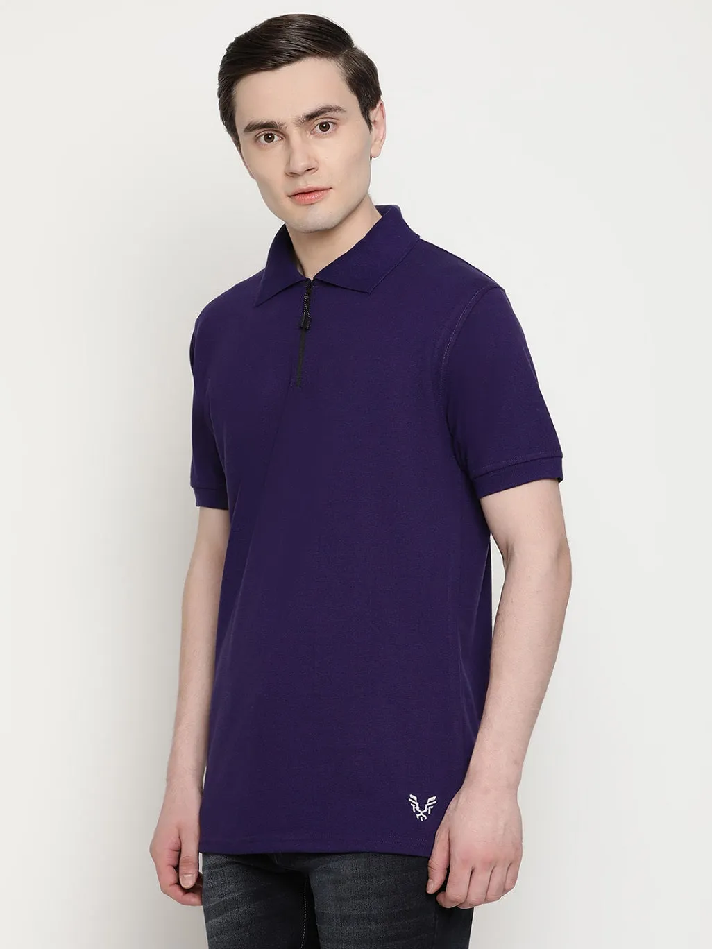 Men's Solid Cotton Regular Fit Zipper Polo T-Shirt