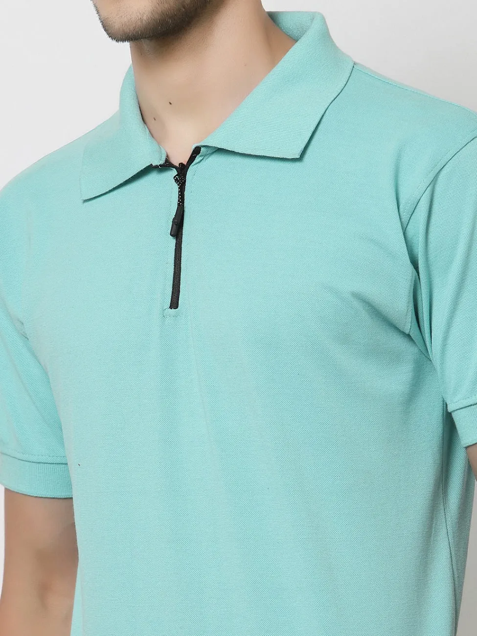 Men's Solid Cotton Regular Fit Zipper Polo T-Shirt