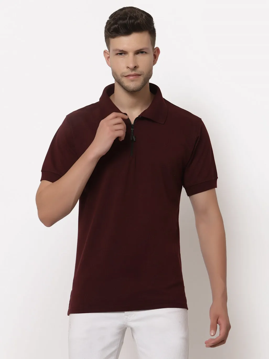 Men's Solid Cotton Regular Fit Zipper Polo T-Shirt
