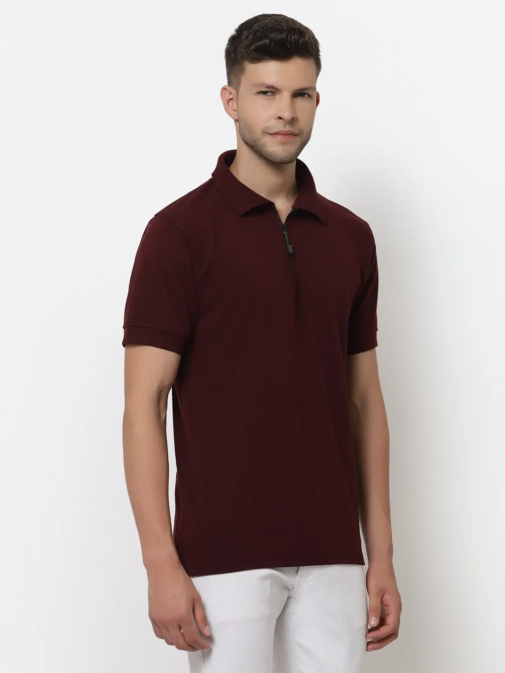 Men's Solid Cotton Regular Fit Zipper Polo T-Shirt