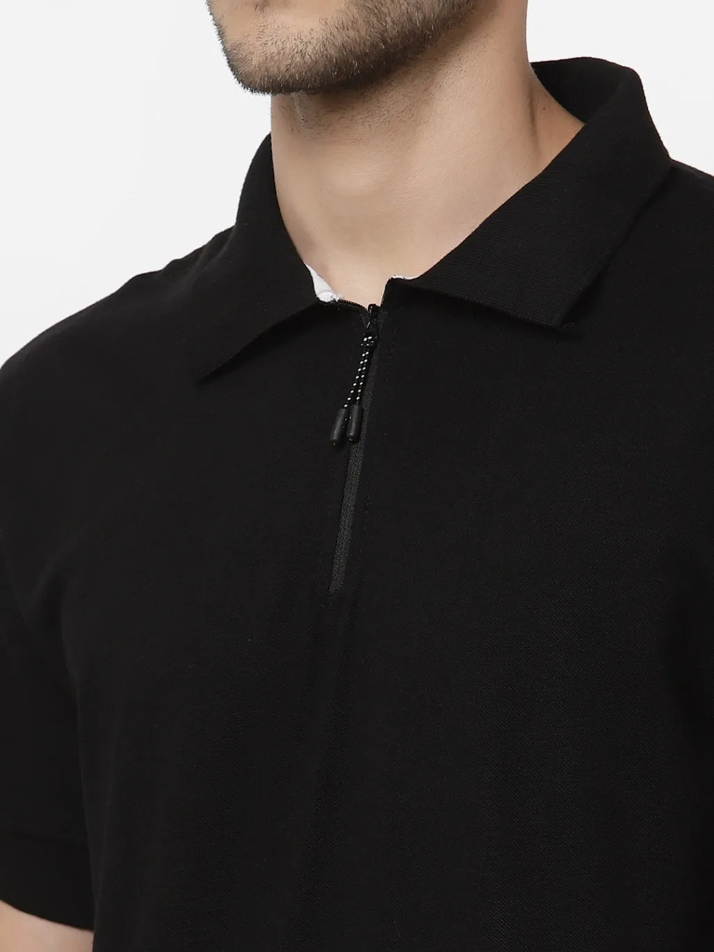 Men's Solid Cotton Regular Fit Zipper Polo T-Shirt