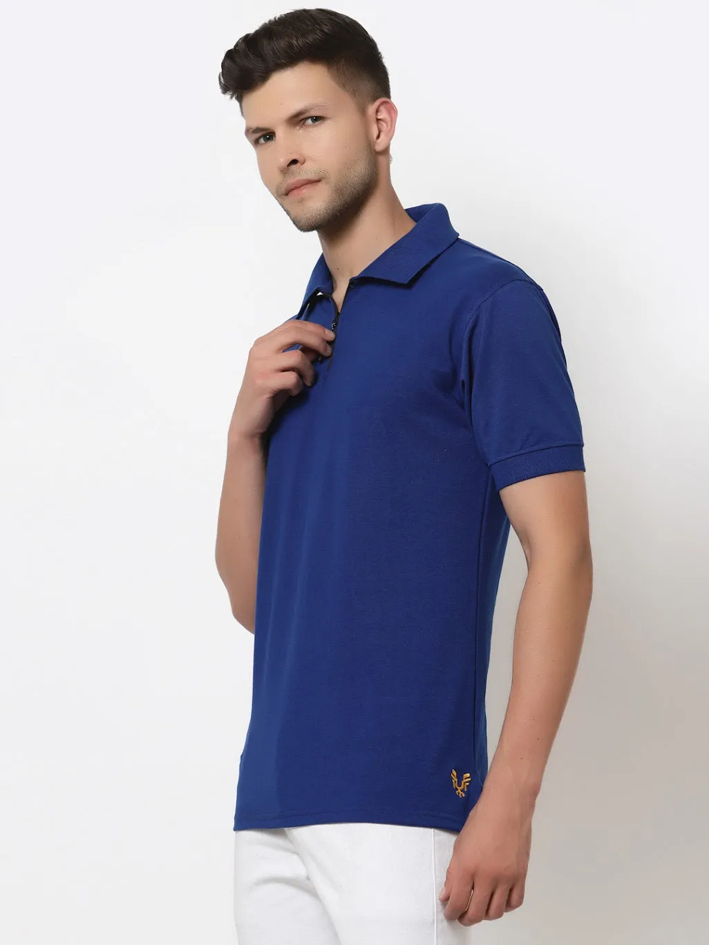 Men's Solid Cotton Regular Fit Zipper Polo T-Shirt
