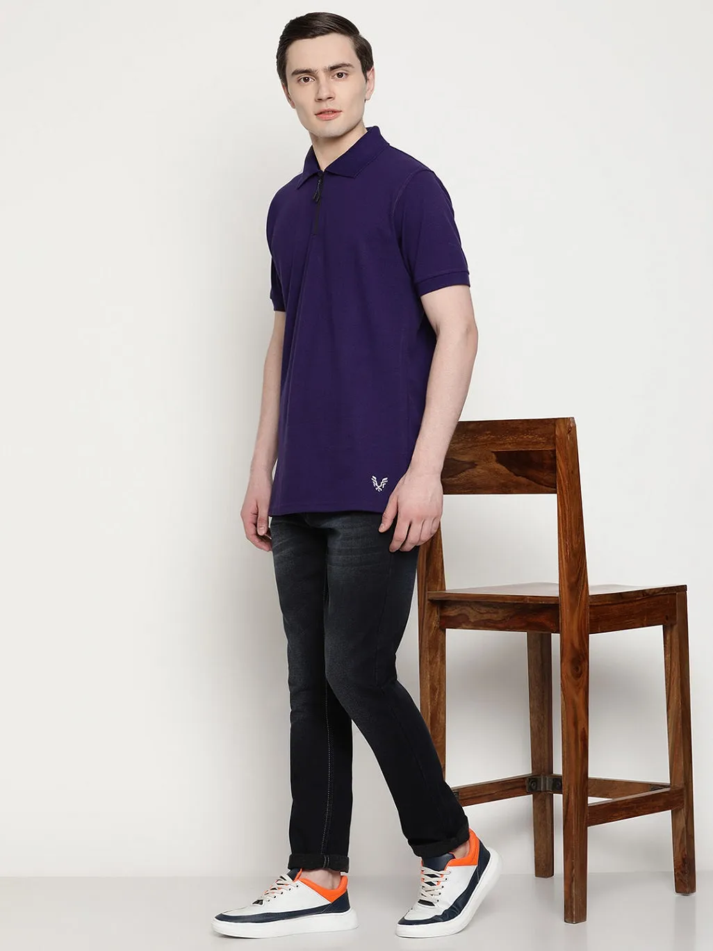 Men's Solid Cotton Regular Fit Zipper Polo T-Shirt