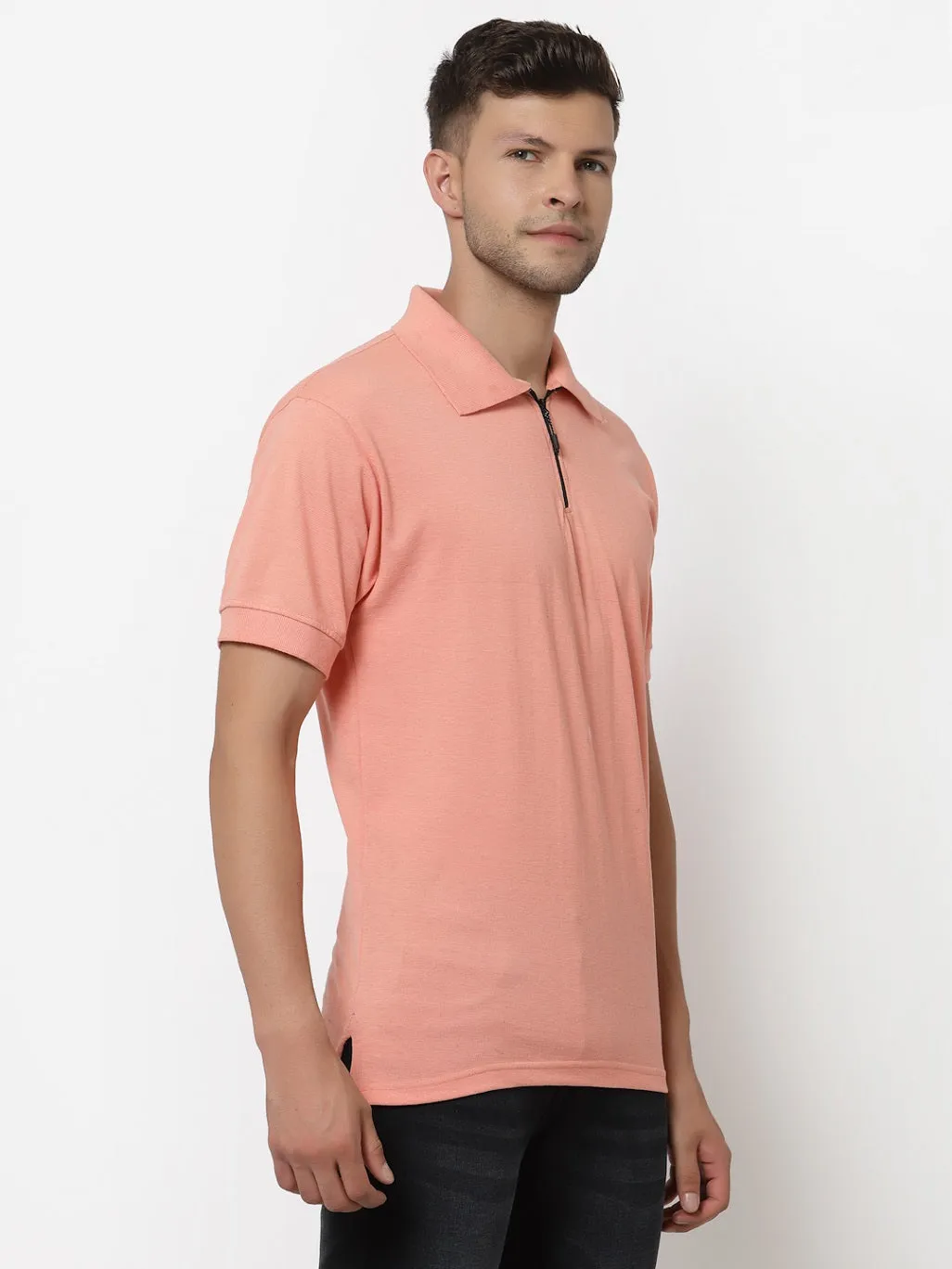 Men's Solid Cotton Regular Fit Zipper Polo T-Shirt