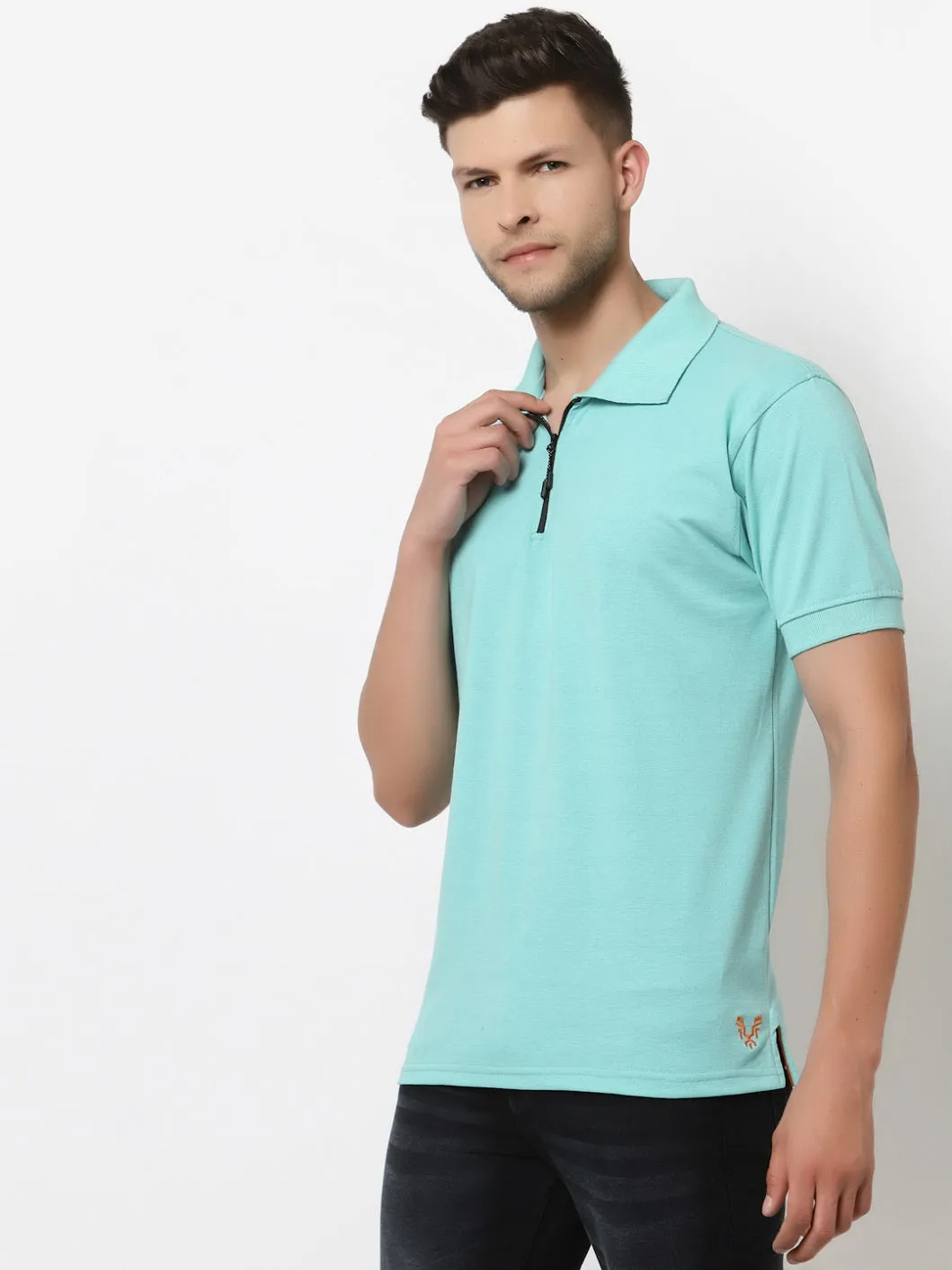 Men's Solid Cotton Regular Fit Zipper Polo T-Shirt
