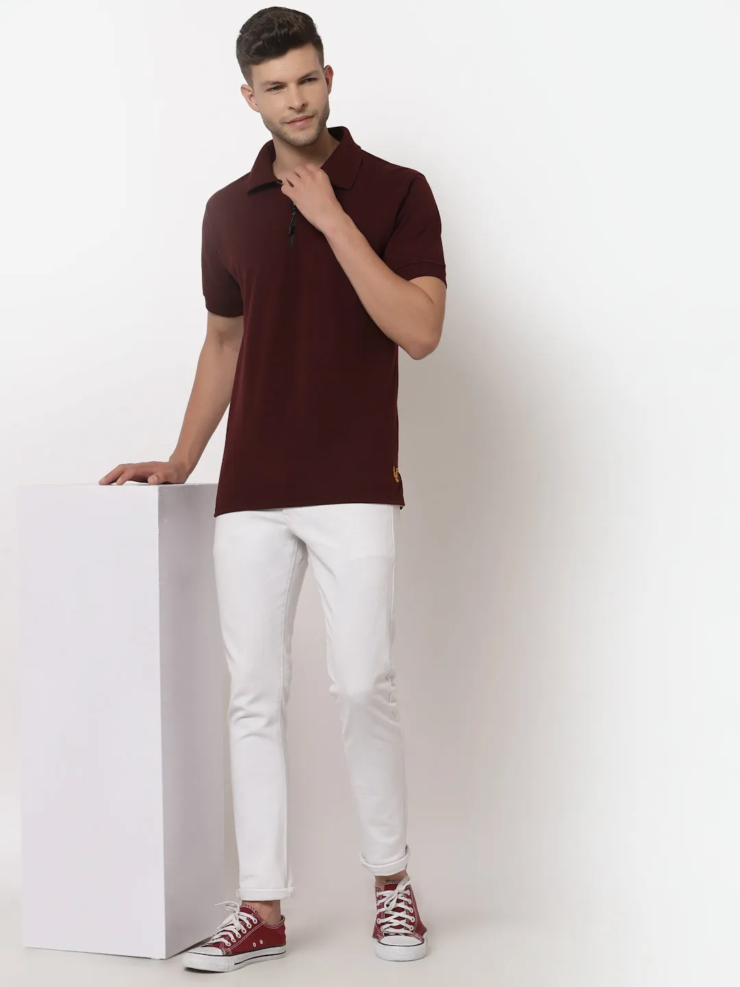 Men's Solid Cotton Regular Fit Zipper Polo T-Shirt