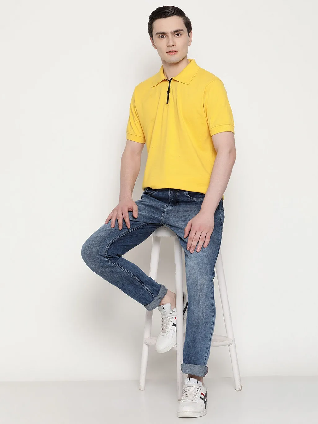 Men's Solid Cotton Regular Fit Zipper Polo T-Shirt