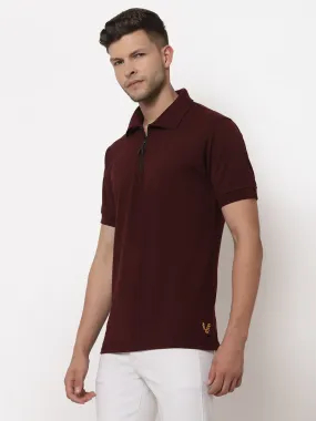 Men's Solid Cotton Regular Fit Zipper Polo T-Shirt