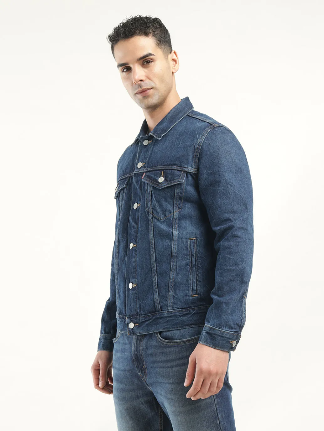 Men's Solid Dark Blue Spread Collar Jacket
